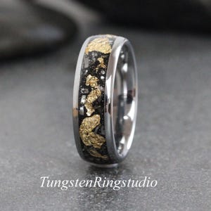 Polished Gold Leaf Meteorite Ring, Wedding Silver Foil Meteorite Ring 4mm 6mm 8mm Ring Meteorite Foil Leaf Ring Mens Wedding Rings