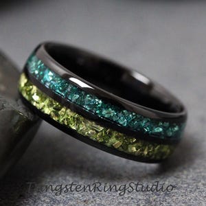Peridot & Blue Topaz Double Inlay - Tungsten Carbide Glass Band