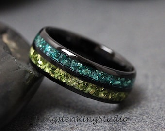 Peridot & Blue Topaz Double Inlay - Tungsten Carbide Glass Band