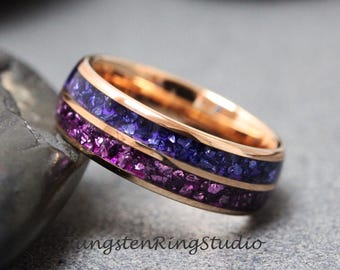 Amethyst & Birthstone Ring - Tanzanite Double Inlay Tungsten Carbide Glass Band