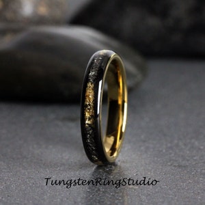 4mm Gold Leaf Meteorite Ring, Black Meteorite Ring, Ring Rose Foil Leaf Ring, Womens Wedding Rings, Gold Accent, Polished Black Dome Gold