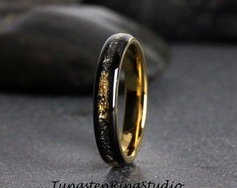 4mm Gold Leaf Meteorite Ring, Black Meteorite Ring, Ring Rose Foil Leaf Ring, Womens Wedding Rings, Gold Accent, Polished Black Dome Gold