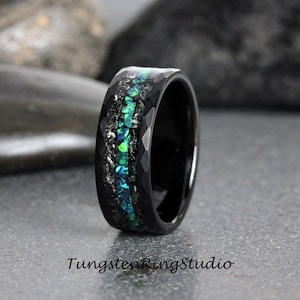 Mens Meteorite Ring, Hammer Blue Opal Wedding Ring, Mens Wedding Ring Gibeon Meteorite Band Peacock Blue Opal Ring Mens Ring Mans Ring image 3