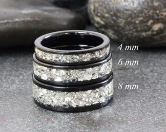 Anello piatto nero in argento tedesco, vetro e tungsteno, anello di tendenza, fede nuziale, anello da uomo e da donna, 4 mm, 6 mm, 8 mm, TungstenRingStudio