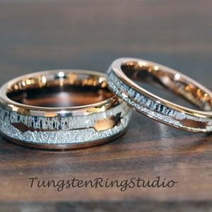 Match His and Hers 4mm 6mm 8mm Rose Gold Meteorite Arrow Deer Antler Tungsten Wedding Ring Wedding Set Wedding Ring Set Anniversary Tungsten