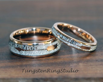 Match His and Hers 4mm 6mm 8mm Rose Gold Meteorite Arrow Deer Antler Tungsten Wedding Ring Wedding Set Wedding Ring Set Anniversary Tungsten
