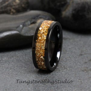 Mens Yellow Citrine Ring German Glass Wedding Black Tungsten Carbide Ring 4 6 8mm Women Ring Band Yellow Gold Anniversary Band Anniversary