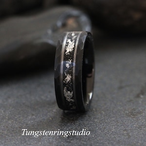 Hammer Meteorite White Gold Strip Black Tungsten Silver Leaf Wedding Ring Gibeon Meteorite Band Anniversary Men women Ring Interstellar Ring