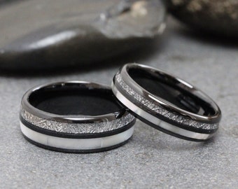 Madreperla abbinata a lui e lei meteorite anello nuziale in tungsteno nero set di nozze set di gioielli hawaiani anniversario di matrimonio in tungsteno