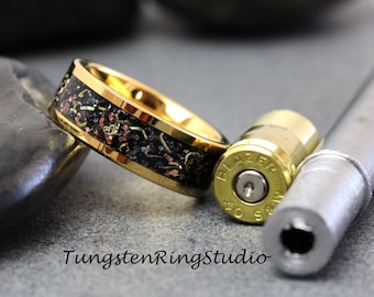 Gold Ring - Reclaimed Bullet Shell  Brass, Copper, Steel Gun Barrel, Rose Gold Tungsten Carbide Wedding Band