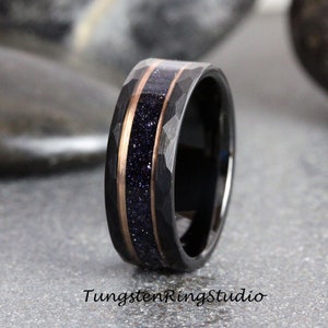 Mens Hammer Nebula Rose Gold Strip Ring Black Wedding Ring Blue Sandstone Ring Space Tungsten Carbide Anniversary Mans Mens Ring Men Accent