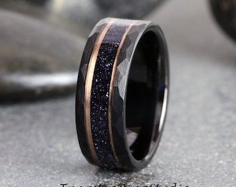 メンズ ハンマー 星雲 ローズゴールド ストリップ リング ブラック 結婚指輪 ブルー サンドストーン リング スペース タングステン カーバイド 記念日 男性 メンズリング メンズ アクセント