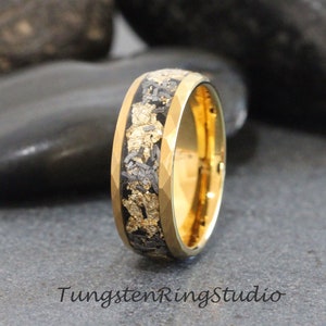 Hammer Gold Leaf Meteorite Ring, Wedding Gold Foil Meteorite Ring 4mm 6mm 8mm Ring Meteorite Foil Leaf Ring Mens Wedding Rings Gold Accent