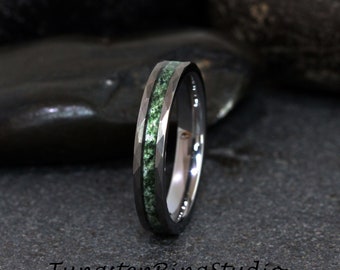 Dainty 4mm Green Moss Agate Hammer Ring 8mm 6mm Tungsten Wedding Eco-Friendly Men Wedding Band Moss Agate Black Ring Mens Ring Men & Women