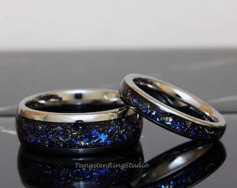 Meteorite Nebula Matching Ring Set His and Hers Ring Set Silver Gray 4mm 6mm 8mm Men Women Ring Outer Space Wedding Anniversary Tungsten