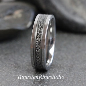 Meteorite Ring White Gold Strips Tungsten Wedding Rings Gibeon Meteorite Bands 4 mm 6 mm Anniversary Men women Ring