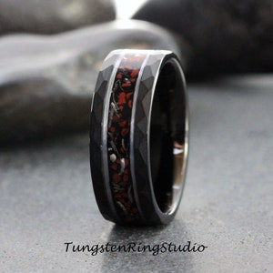 Hammer Meteorite Red Dinosaur Bone White Gold Strip Black Tungsten Wedding Rings Tyrannosaurus Rex T-Rex Bone Fossil Bands Anniversary Men