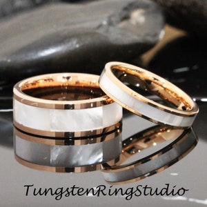 Match His and Hers Mother of Pearl Ring Set Rose Gold Tungsten Wedding Ring Wedding Set Hawaiian Jewelry Set Anniversary Tungsten Wedding