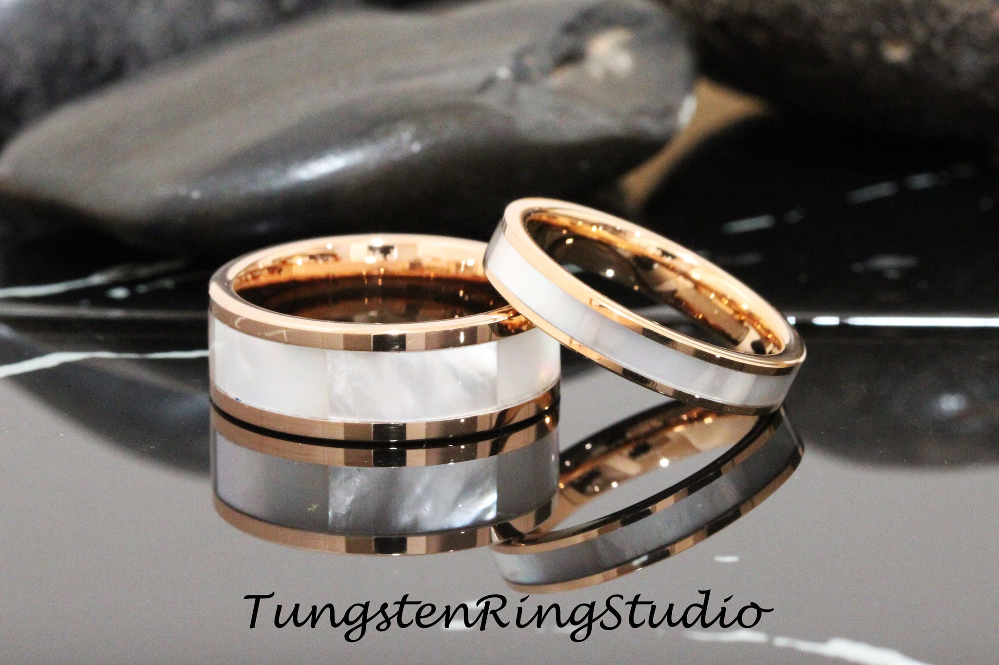Match His and Hers Mother of Pearl Ring Set Rose Gold Tungsten