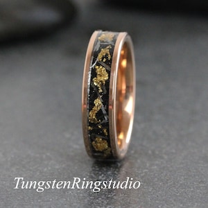 Gold Leaf Meteorite Flat Rose Gold Tungsten Ring, Wedding Gold Foil Meteorite Ring 6mm 8mm Ring Men women Wedding Rings Gold Accent
