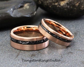 Matching Meteorite Rose Gold Tungsten Ring Wedding Ring Set Meteorite Interstellar Brushed Tungsten Carbide Ring Men Ring Women Ring