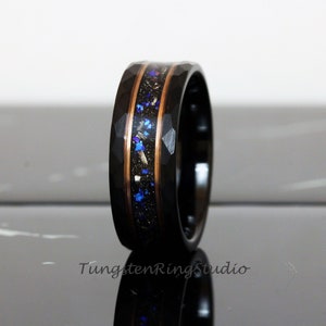 Hammer Meteorite Nebula Ring 8mm Black Rose Strips Band Mens Mans Ring Outer Space Ring Wedding Ring Anniversary Comfort Fit Tungsten Ring