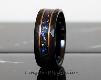 Hammer Meteorite Nebula Ring 8mm Black Rose Strips Band Mens Mans Ring Outer Space Ring Wedding Ring Anniversary Comfort Fit Tungsten Ring