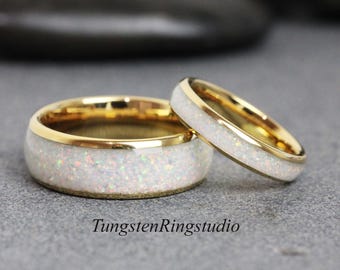 ホワイトオパール象嵌タングステン製結婚指輪セット