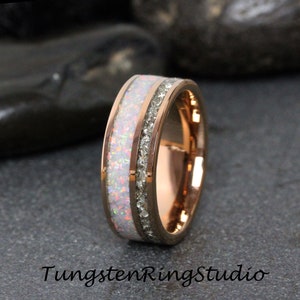 Fire White Opal Ring Silver German Glass Rose Gold Wedding Ring 8mm 6mm Diamond Alternative Tungsten Carbide Mens Band Men & Women Ring