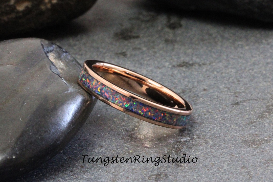 Grey Blue Rings Royal Blue Gray Opal Tungsten Carbide Ring Wedding Ring Women Men Opal ...