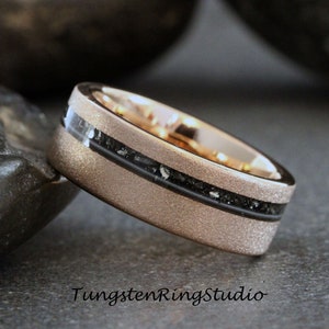 Rose gold Guitar String and Meteorite Sandblasted Tungsten Wedding Ring Interstellar Ring Tungsten Carbide Anniversary Ring Mans Mens Ring