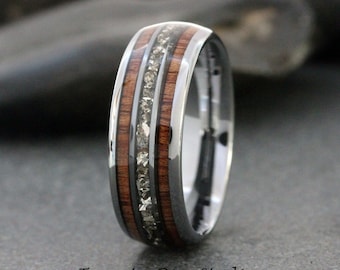 Silver German Glass Koa Wood Silver Gray Tungsten Wedding Ring 8mm tungsten carbide ring Mens Ring Mans Womens Anniversary Ring