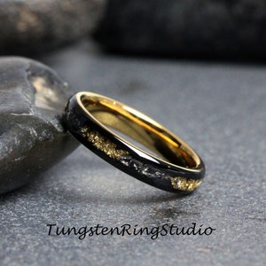 4mm Gold Leaf Meteorite Ring, Black Meteorite Ring, Ring Rose Foil Leaf Ring, Womens Wedding Rings, Gold Accent, Polished Black Dome Gold image 2