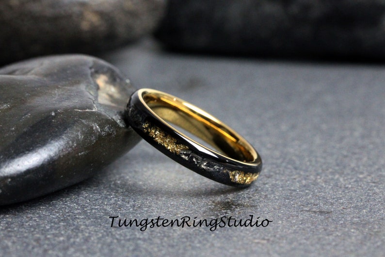 4mm Gold Leaf Meteorite Ring, Black Meteorite Ring, Ring Rose Foil Leaf Ring, Womens Wedding Rings, Gold Accent, Polished Black Dome Gold image 2