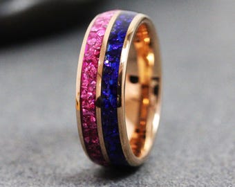 Wedding Ring - Ruby & Blue Sapphire Double Inlay - Tungsten Carbide Glass Band - Birthstone Ring
