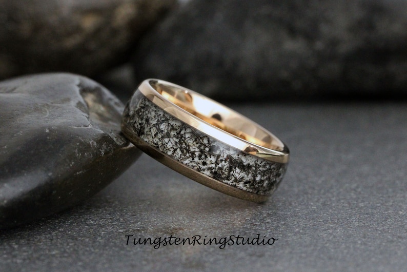 4mm Black Rutilated Quartz Ring Rose Gold Polish Tungsten Wedding Ring 8mm 6mm 4mm Rutilated Wedding Mens Ring Men & Women Polished Dome image 3