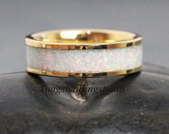 ゴールドホワイトオパールクラッシュリング、タングステンカーバイド製、4mm、6mm、8mm、男性用、女性用結婚指輪