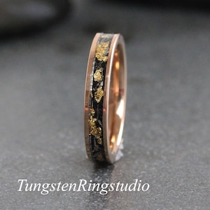 Gold Leaf Meteorite Flat Rose Gold Tungsten Ring, Wedding Gold Foil Meteorite Ring 6mm 8mm Ring Men women Wedding Rings Gold Accent