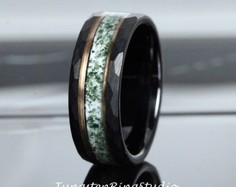 Green Moss Agate Black Hammer Rose Gold Accent Ring 8mm Tungsten Wedding Ring  Men Wedding Band Moss Agate Black Ring Mens Ring