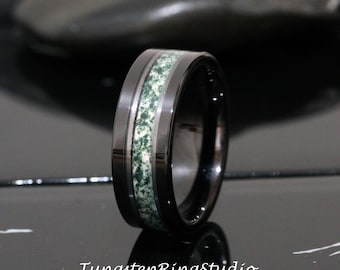 Polish Moss White Gold Accent Green Moss Agate Black Ring 8mm Tungsten Wedding Ring  Wedding Band Moss Black Ring Mens Ring