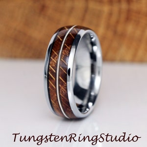 Whiskey Barrel White Guitar String Silver Tungsten Wedding Ring Match His and Hers Ring Wedding Set Silver Wedding Ring Set Anniversary Ring