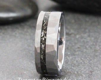 Hammered Tungsten Wedding Ring, Gibeon Meteorite Inlay, Silver Gray Mens Ring