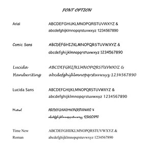 以下が含まれることがあります： テキストのフォントオプションを示すグラフィック。フォントには、Arial、Comic Sans、Lucida Handwriting、Lucida Sans、Mistral、Times New Romanが含まれます。