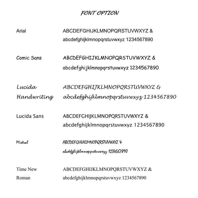 以下が含まれることがあります： テキストのフォントオプションを示すグラフィック。フォントには、Arial、Comic Sans、Lucida Handwriting、Lucida Sans、Mistral、Times New Romanが含まれます。