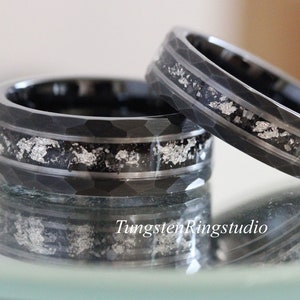 Hammer Meteorite White Gold Strip Black Tungsten Silver Leaf Wedding Rings Gibeon Meteorite Anniversary Men women Ring Interstellar Ring