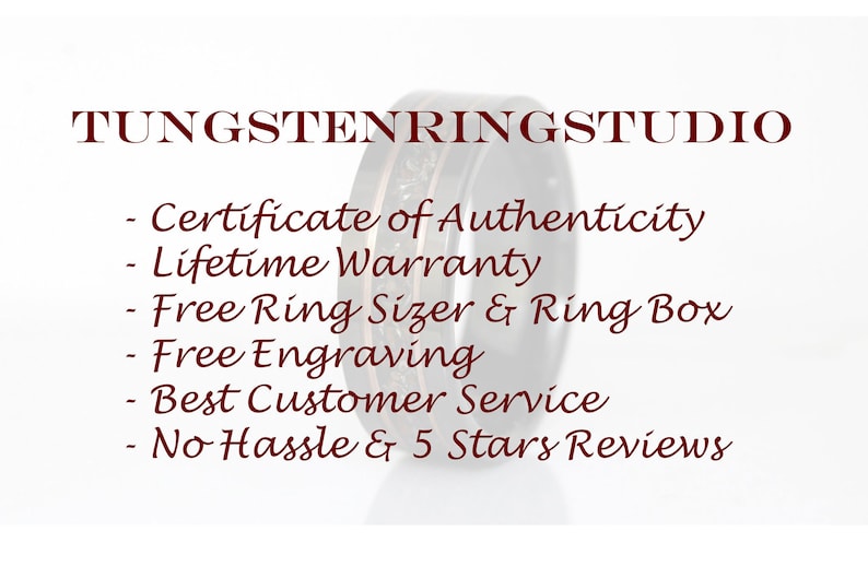 May include: A close-up of a tungsten ring with a wood inlay. The text "TUNGSTENRINGSTUDIO" is at the top of the image. The text below the ring reads: "Certificate of Authenticity, Lifetime Warranty, Free Ring Sizer & Ring Box, Free Engraving, Best Customer Service, No Hassle & 5 Stars Reviews."