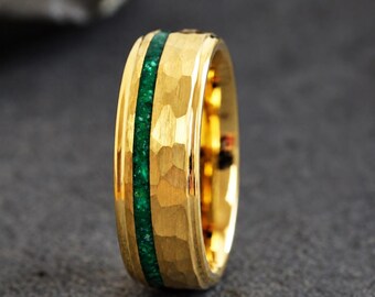 Jade Crushed Hammered Gold Tungsten Ring