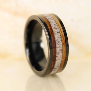 Deer Antler Whiskey Barrel Oak Wood Black Tungsten Wedding Ring, Deer Antler Ring, Tungsten Carbide, Anniversary Ring, Mens Ring Wood Rings