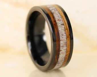 Deer Antler Whiskey Barrel Oak Wood Black Tungsten Wedding Ring, Deer Antler Ring, Tungsten Carbide, Anniversary Ring, Mens Ring Wood Rings