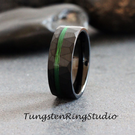 Green Fishing Line Hammer Ring 8mm Offset Black Tungsten Wedding Ring  Fisherman Eco-friendly Men Wedding Band Black Mens Ring Men & Women 